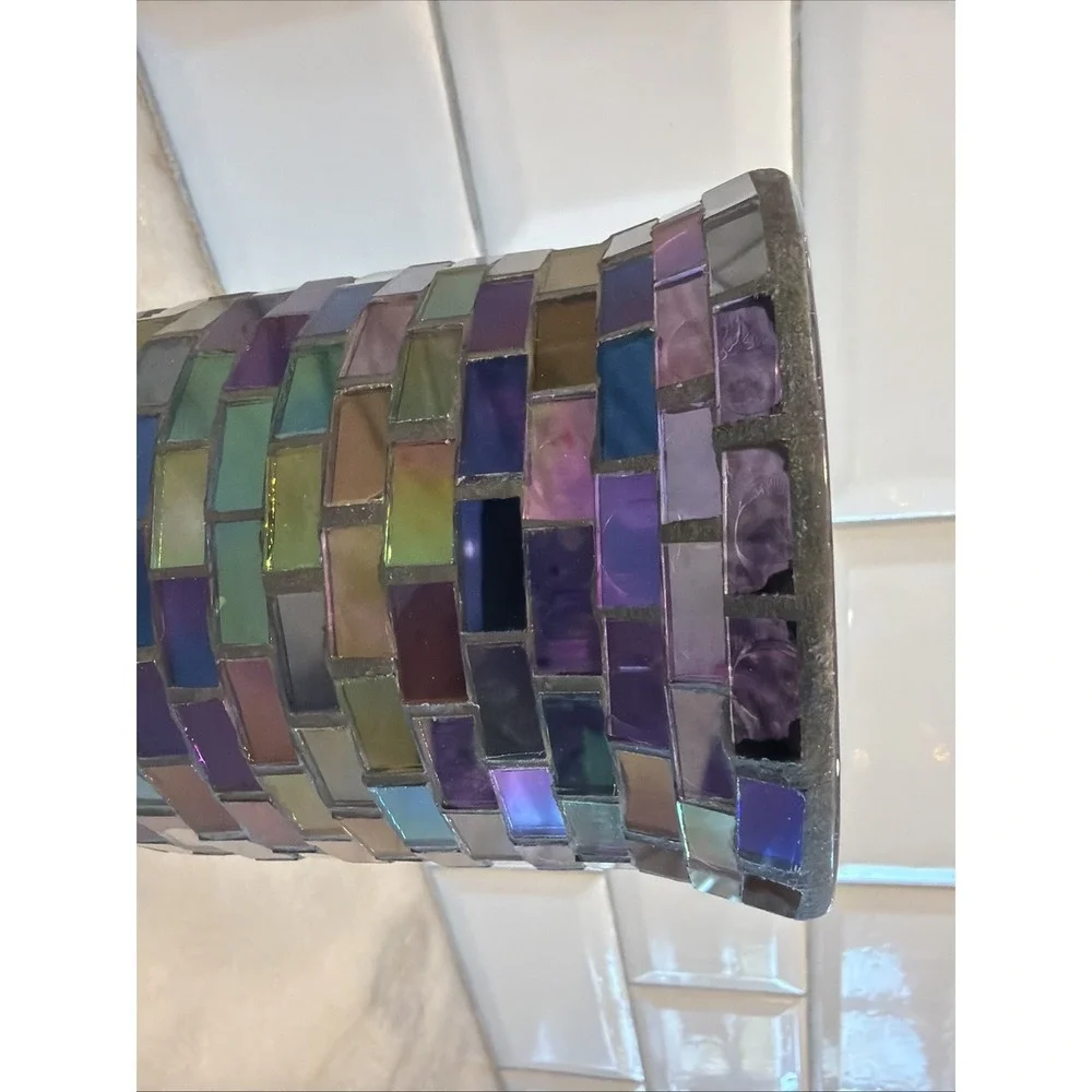 Stunning Vtg Iridescent Purple GLASS MOSAIC HURRICANE LAMP/candle Holder GW993 - Picture 5 of 10